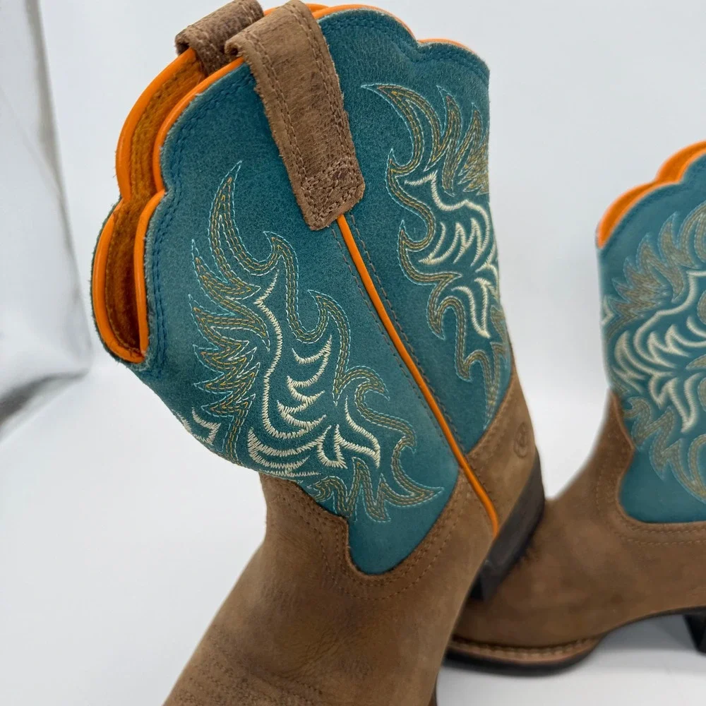 Ariat Western Boots Kids Size 1 Brown Teal 10053621 Square Toe Leather Cowboy